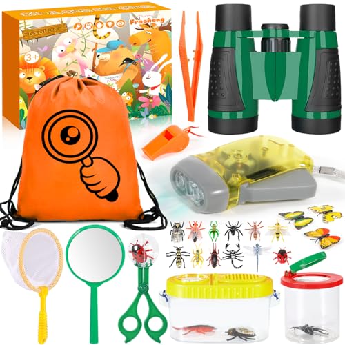 Frasheng Forscherset für Kinder, Fernglas für Kinder 28-teiliges Entdecker Set mit Insektenfänger, Kompass, Becherlupe und mehr, Outdoor Spielzeug Kinder für Camping, Naturerkundungen und Abenteuer von Frasheng