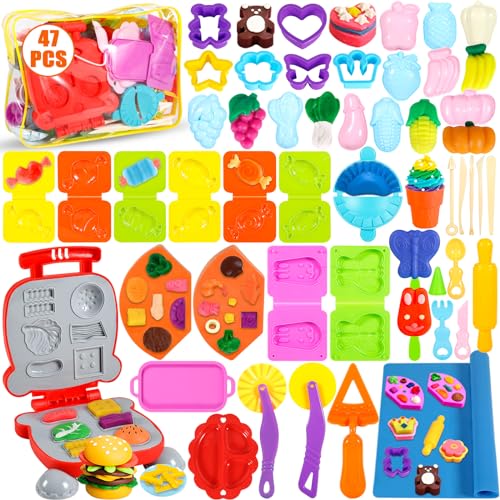 Frasheng Knete Dough Set für Kinder,47 Stück Knetwerkzeug Teig Plastilin Werkzeuge,Knete Zubehör Frühstück Burger & Pasta & Pizza,Küchenspielzeug mit Aufbewahrungstasche Spielzeug für Jungen Mädchen von Frasheng