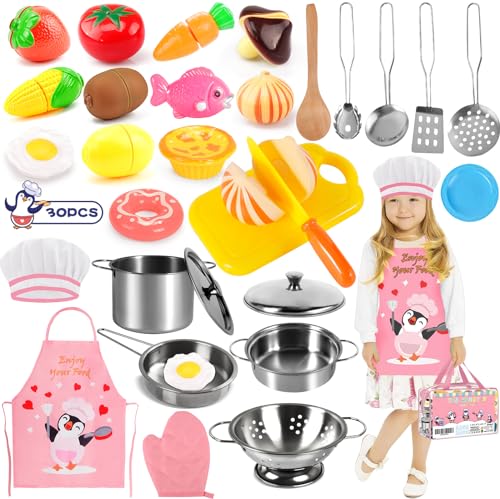 Frasheng Küchenspielzeug Zubehör, 30 Stück Spielküche Zubehör, Kinderküche Zubehör, Edelstahl Kochset Kinderspielzeug, Puppenküche Zubehör, Lebensmittel Spielzeug, Rollenspiele Mädchen und Jungen von Frasheng
