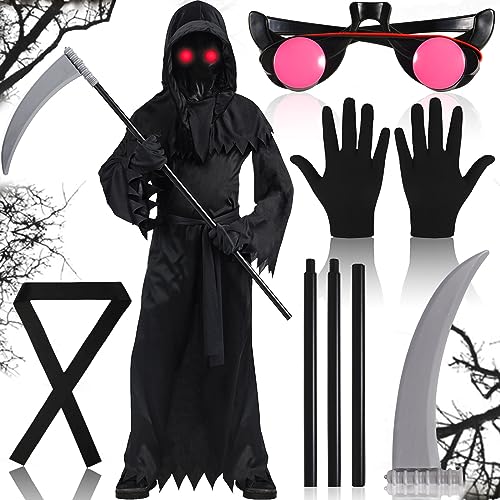 Frasheng Sensenmann Kostüm, Kinderkostüm Reaper, Unisex,- Grim, Set mit leuchtenden Augen, Hochwertige Handschuhe, Sense, für Halloween Dekoration, Cosplay von Frasheng