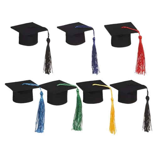 Fravsiu Set zur Dekoration von Hüten für Abschluss, schwarze Abschlusshüte | 7 x Dekoration für Abschlussfeier mit Quasten | Miniaturhut für Klassenzimmer-Abschlussfeier von Fravsiu