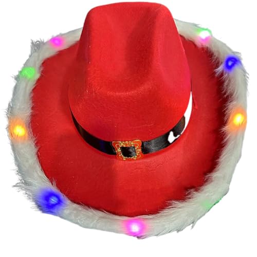 Frdun Beleuchteter Weihnachtsmann-Cowboyhut mit LED-Lichtern, roter Western-Cowboy-Hut für Frauen, Party-Verkleiden von Frdun