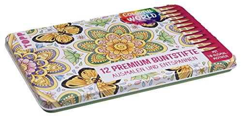 Colorful World Designdose mit 12 Buntstiften: 12 Premium Buntstifte mit weichen Minen und 10 Ausmalbildern in Designdose von Frech