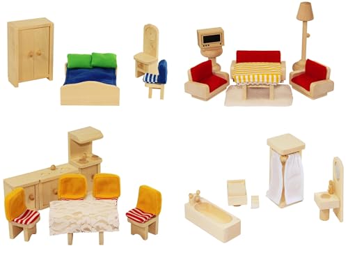 Puppenhausmöbel Freda Puppenmöbel Möbelset für Puppenhaus FREDA - Holz Natur 28 Teile + Baby + Puppenwiege Bettchen + Bezüge von Freda