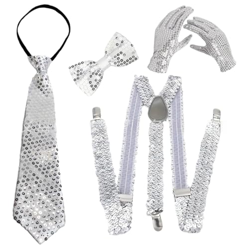 Freebily 70er Jahre Disco Accessoires 1970er Jahre Disco Pailletten Zylinderhut Fliegen Und Handschuhe Für Karnevalsfeste Typ A Silber 4 Stück Einheitsgröße von Freebily