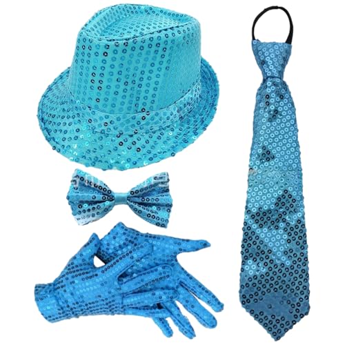 Freebily 70er Jahre Disco Accessoires 1970er Jahre Disco Pailletten Zylinderhut Fliegen Und Handschuhe Für Karnevalsfeste Typ B Blau 4 Stück Einheitsgröße von Freebily