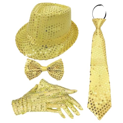 Freebily 70er Jahre Disco Accessoires 1970er Jahre Disco Pailletten Zylinderhut Fliegen Und Handschuhe Für Karnevalsfeste Typ B Gold 4 Stück Einheitsgröße von Freebily