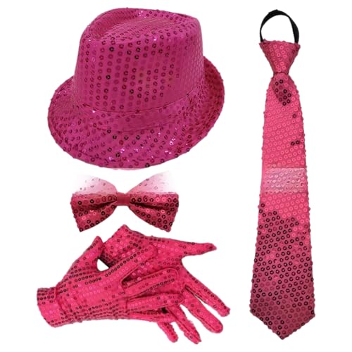 Freebily 70er Jahre Disco Accessoires 1970er Jahre Disco Pailletten Zylinderhut Fliegen Und Handschuhe Für Karnevalsfeste Typ B Hot Pink 4 Stück Einheitsgröße von Freebily