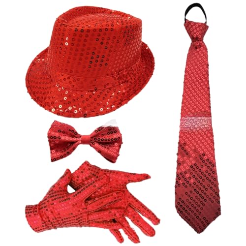 Freebily 70er Jahre Disco Accessoires 1970er Jahre Disco Pailletten Zylinderhut Fliegen Und Handschuhe Für Karnevalsfeste Typ B Rot 4 Stück Einheitsgröße von Freebily