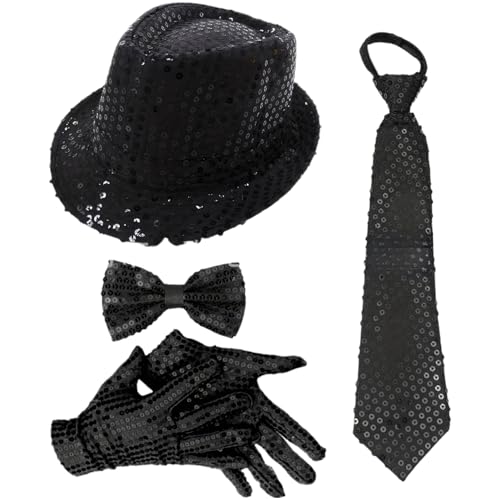 Freebily 70er Jahre Disco Accessoires 1970er Jahre Disco Pailletten Zylinderhut Fliegen Und Handschuhe Für Karnevalsfeste Typ B Schwarz 4 Stück Einheitsgröße von Freebily