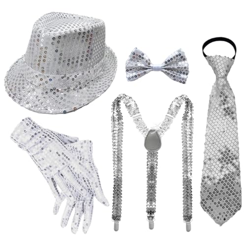 Freebily 70er Jahre Disco Accessoires 1970er Jahre Disco Pailletten Zylinderhut Fliegen Und Handschuhe Für Karnevalsfeste Typ C Silber 5 Stück Einheitsgröße von Freebily