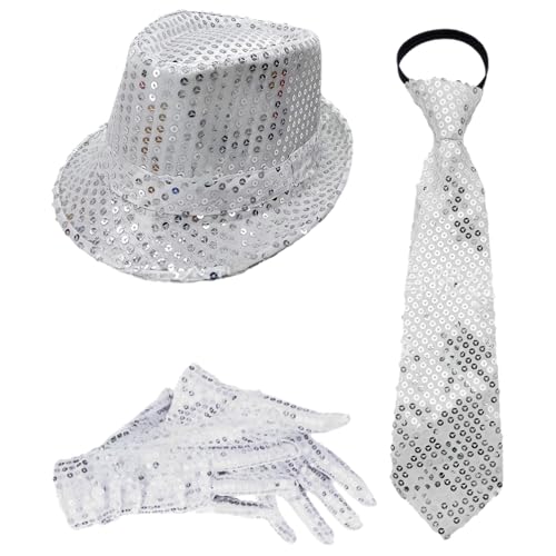 Freebily 70er Jahre Disco Accessoires 1970er Jahre Disco Pailletten Zylinderhut Fliegen Und Handschuhe Für Karnevalsfeste Typ E Silber 3 Stück Einheitsgröße von Freebily