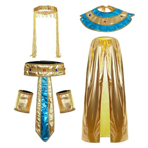 Freebily Ägyptischen Königin Cosplay Set Pharao Kleopatra Stirnband Golden Mantel Halskragen Armbänder Taillengürtel Halloween Karneval Mottoparty Dress-up Typ C One Size von Freebily