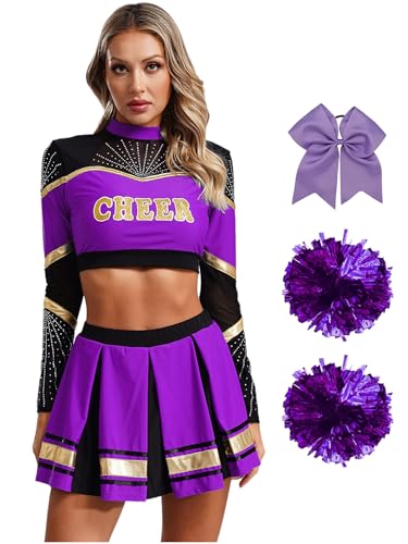 Freebily Cheer Leader Kostüm Dame Cheerleading Uniform Mit Pompons Langarm Crop Top Minirock Haargummi Socken Halloween Karneval Kostüm Violett XL von Freebily