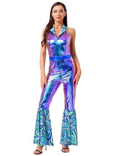 Freebily Damen 70s 80s Disco Outfit Jumpsuit Neckholder Glanz Metallic Hippie Druck Schlaghose Party Tanz Karneval Kostüm Schillernd Blau XXL von Freebily