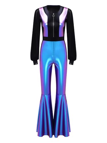 Freebily Damen 70s 80s Disco Outfit Overall Glänzende Metallic Mesh Jumpsuit Mit Schlag Party Tanz Karneval Kostüm Blau M Freebily Damen 70s 80s Disco Outfit Overall Glänzende Metallic Mesh Jumpsuit Mit Schlag Party Tanz Karneval Kostüm Blau M von Freebily