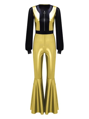 Freebily Damen 70s 80s Disco Outfit Overall Glänzende Metallic Mesh Jumpsuit Mit Schlag Party Tanz Karneval Kostüm Gold M Freebily Damen 70s 80s Disco Outfit Overall Glänzende Metallic Mesh Jumpsuit Mit Schlag Party Tanz Karneval Kostüm Gold M von Freebily