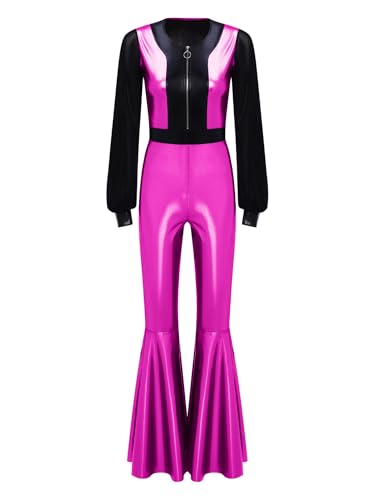Freebily Damen 70s 80s Disco Outfit Overall Glänzende Metallic Mesh Jumpsuit Mit Schlag Party Tanz Karneval Kostüm Hotpink L Freebily Damen 70s 80s Disco Outfit Overall Glänzende Metallic Mesh Jumpsuit Mit Schlag Party Tanz Karneval Kostüm Hotpink L von Freebily
