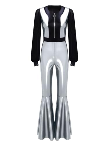 Freebily Damen 70s 80s Disco Outfit Overall Glänzende Metallic Mesh Jumpsuit Mit Schlag Party Tanz Karneval Kostüm Silber XXL Freebily Damen 70s 80s Disco Outfit Overall Glänzende Metallic Mesh Jumpsuit Mit Schlag Party Tanz Karneval Kostüm Silber XXL von Freebily