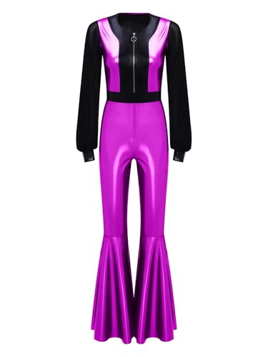 Freebily Damen 70s 80s Disco Outfit Overall Glänzende Metallic Mesh Jumpsuit Mit Schlag Party Tanz Karneval Kostüm Violett S Freebily Damen 70s 80s Disco Outfit Overall Glänzende Metallic Mesh Jumpsuit Mit Schlag Party Tanz Karneval Kostüm Violett S von Freebily