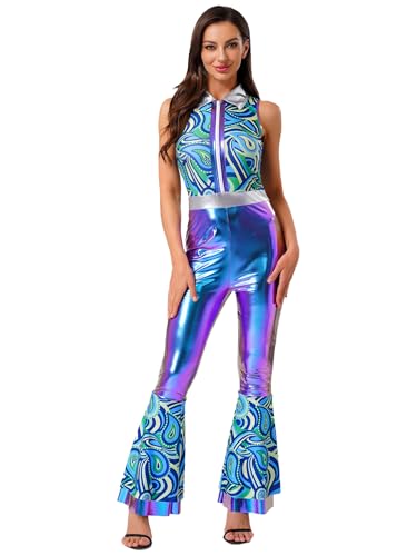 Freebily Damen 70s Disco Outfit Overall Glänzende Metallic Hippie Druck Jumpsuit Stufen Schlaghose Party Tanz Karneval Kostüm Farbverlauf-Blau M Freebily Damen 70s Disco Outfit Overall Glänzende Metallic Hippie Druck Jumpsuit Stufen Schlaghose Party Tanz Karneval Kostüm Farbverlauf-Blau M von Freebily