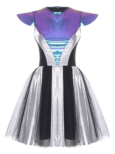 Freebily Damen Alien Kostüm Glänzend Metallic Space Girl Kleid Kurzarm Weltraum Party Halloween Karneval Faschnacht Kostüm von Freebily