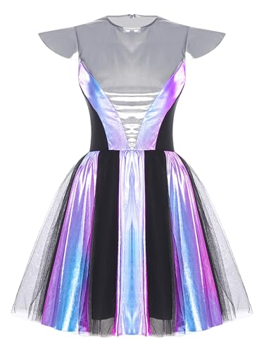 Freebily Damen Alien Kostüm Glänzend Metallic Space Girl Kleid Kurzarm Weltraum Party Halloween Karneval Faschnacht Kostüm von Freebily