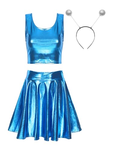 Freebily Damen Alien Kostüm Space Girl Haarreif Metallic Crop Top Glitzer Mini Skater Röcke Holographic Rave Outfit Fasching Kostüm Party Clubwear Blau XL von Freebily