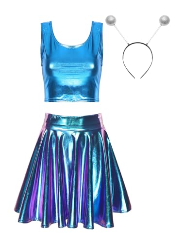 Freebily Damen Alien Kostüm Space Girl Haarreif Metallic Crop Top Glitzer Mini Skater Röcke Holographic Rave Outfit Fasching Kostüm Party Clubwear Blau-lila XL von Freebily