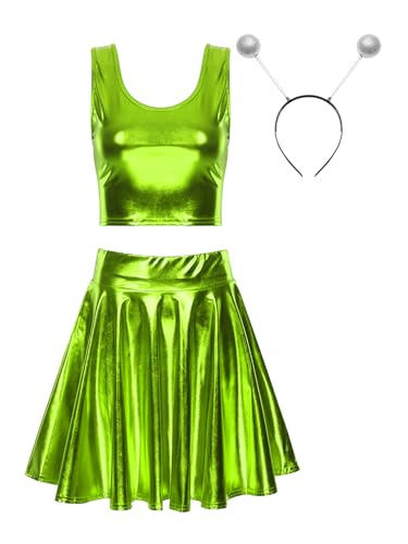 Freebily Damen Alien Kostüm Space Girl Haarreif Metallic Crop Top Glitzer Mini Skater Röcke Holographic Rave Outfit Fasching Kostüm Party Clubwear Neongrün XL von Freebily