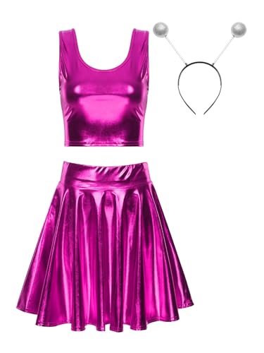 Freebily Damen Alien Kostüm Space Girl Haarreif Metallic Crop Top Glitzer Mini Skater Röcke Holographic Rave Outfit Fasching Kostüm Party Clubwear Rose L von Freebily