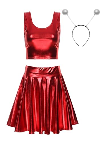 Freebily Damen Alien Kostüm Space Girl Haarreif Metallic Crop Top Glitzer Mini Skater Röcke Holographic Rave Outfit Fasching Kostüm Party Clubwear Rot L von Freebily