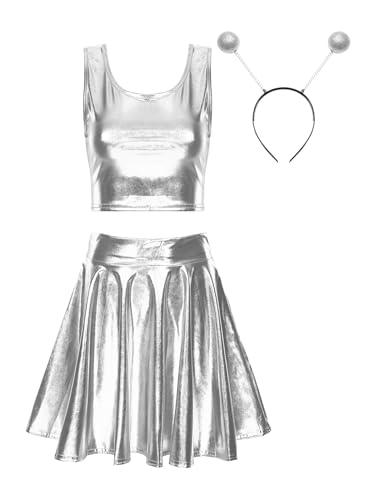 Freebily Damen Alien Kostüm Space Girl Haarreif Metallic Crop Top Glitzer Mini Skater Röcke Holographic Rave Outfit Fasching Kostüm Party Clubwear Silber L von Freebily