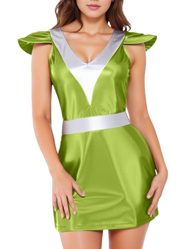 Freebily Damen Alien Kostüm Space Girl Kleid Glänzend Metallic Kleid Weltall Astronauten Kostüm Halloween Karneval Faschnacht Partykleid Grün L von Freebily