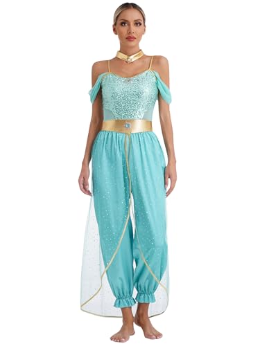 Freebily Damen Arabische Prinzessin Kostüm Araberin Orientalische Kleidung Halloween Fasching Kostüm Märchen Party Cosplay Verkleidung Türkis 4XL von Freebily