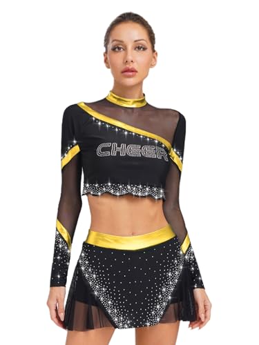 Freebily Damen Cheer Leader Kostüm Halloween Karneval Glitzer Meesh Langarm Crop Top Minirock Mit Strass Tanzkleidung Trainingsanzug Gold XXL Freebily Damen Cheer Leader Kostüm Halloween Karneval Glitzer Meesh Langarm Crop Top Minirock Mit Strass Tanzkleidung Trainingsanzug Gold XXL von Freebily