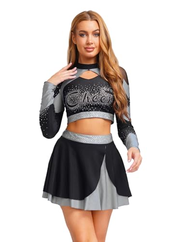 Freebily Damen Cheer Leader Kostüm Rhinestones Langarm Crop Top Und Mini Skater Rock Set für Halloween Karneval Tanz Grau XXL Freebily Damen Cheer Leader Kostüm Rhinestones Langarm Crop Top Und Mini Skater Rock Set für Halloween Karneval Tanz Grau XXL von Freebily