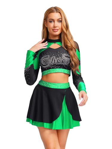 Freebily Damen Cheer Leader Kostüm Rhinestones Langarm Crop Top Und Mini Skater Rock Set für Halloween Karneval Tanz Grün XXL Freebily Damen Cheer Leader Kostüm Rhinestones Langarm Crop Top Und Mini Skater Rock Set für Halloween Karneval Tanz Grün XXL von Freebily