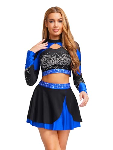 Freebily Damen Cheer Leader Kostüm Rhinestones Langarm Crop Top Und Mini Skater Rock Set für Halloween Karneval Tanz Königsblau M Freebily Damen Cheer Leader Kostüm Rhinestones Langarm Crop Top Und Mini Skater Rock Set für Halloween Karneval Tanz Königsblau M von Freebily