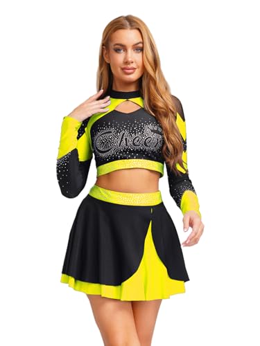 Freebily Damen Cheer Leader Kostüm Rhinestones Langarm Crop Top Und Mini Skater Rock Set für Halloween Karneval Tanz Neongelb M Freebily Damen Cheer Leader Kostüm Rhinestones Langarm Crop Top Und Mini Skater Rock Set für Halloween Karneval Tanz Neongelb M von Freebily