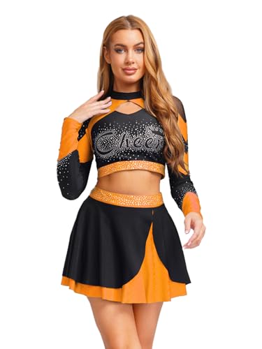 Freebily Damen Cheer Leader Kostüm Rhinestones Langarm Crop Top Und Mini Skater Rock Set für Halloween Karneval Tanz Orange M Freebily Damen Cheer Leader Kostüm Rhinestones Langarm Crop Top Und Mini Skater Rock Set für Halloween Karneval Tanz Orange M von Freebily