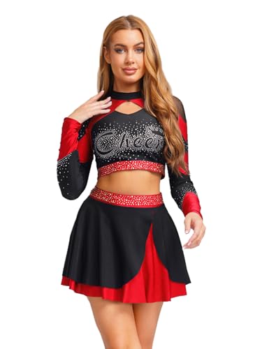 Freebily Damen Cheer Leader Kostüm Rhinestones Langarm Crop Top Und Mini Skater Rock Set für Halloween Karneval Tanz Rot S Freebily Damen Cheer Leader Kostüm Rhinestones Langarm Crop Top Und Mini Skater Rock Set für Halloween Karneval Tanz Rot S von Freebily