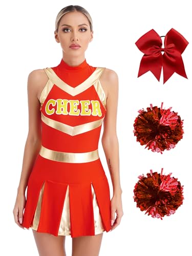 Freebily Damen Cheerleading Kostüm Sexy Cheer Leader Uniform Kleid Pompons Karneval Halloween Kostüm Frauen Tanzkleid Tanzanzug Rot_C XL von Freebily