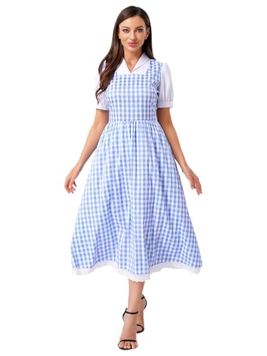 Freebily Damen Dienstmädchen Outfit Kurzarm Spitzenbesatz Karo A-line Kleid Anime Cosplay Maid Kleid Für Halloween Fasching Blau S von Freebily