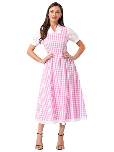Freebily Damen Dienstmädchen Outfit Kurzarm Spitzenbesatz Karo A-line Kleid Anime Cosplay Maid Kleid Für Halloween Fasching Rosa S von Freebily