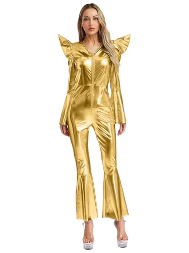 Freebily Damen Disco Outfit 70er 80er Jahre Metallic Jumpsuit Schlaghose Glitzer Karneval Space Party Hippie Kostüm Tanzoverall Gold S von Freebily