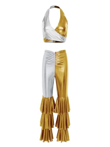 Freebily Damen Disco Outfit 70s Metallic Glänzend V Ausschnitt Crop Tank Top Und Gestufte Saum Schlaghose Party Clubwear Silber&Gold L von Freebily
