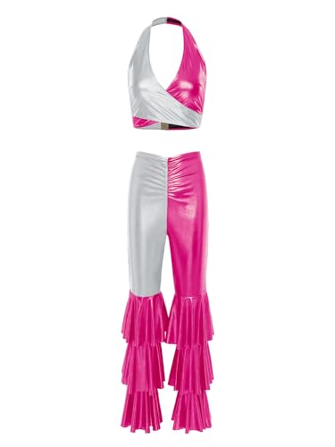 Freebily Damen Disco Outfit 70s Metallic Glänzend V Ausschnitt Crop Tank Top Und Gestufte Saum Schlaghose Party Clubwear Silber&Pink L von Freebily