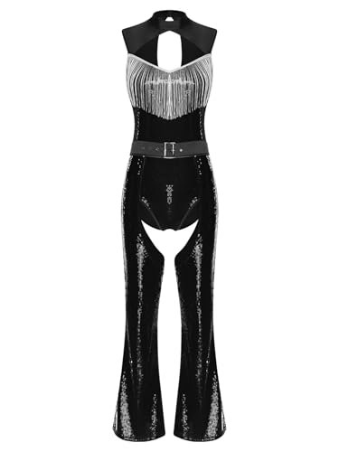 Freebily Damen Glitzer Disco Outfit Ausgehöhlter Pailletten Quasten Bodysuit Ouvert Pailletten Flared Hose 2er Party Clubwear Schwarz M von Freebily