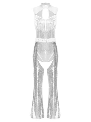 Freebily Damen Glitzer Disco Outfit Ausgehöhlter Pailletten Quasten Bodysuit Ouvert Pailletten Flared Hose 2er Party Clubwear Silber L von Freebily